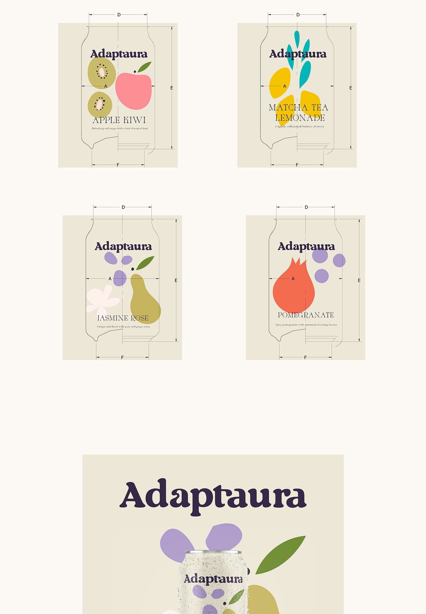 Diseno de packaging de bebida adaptogena Adaptaura por Eva Hilla Studio