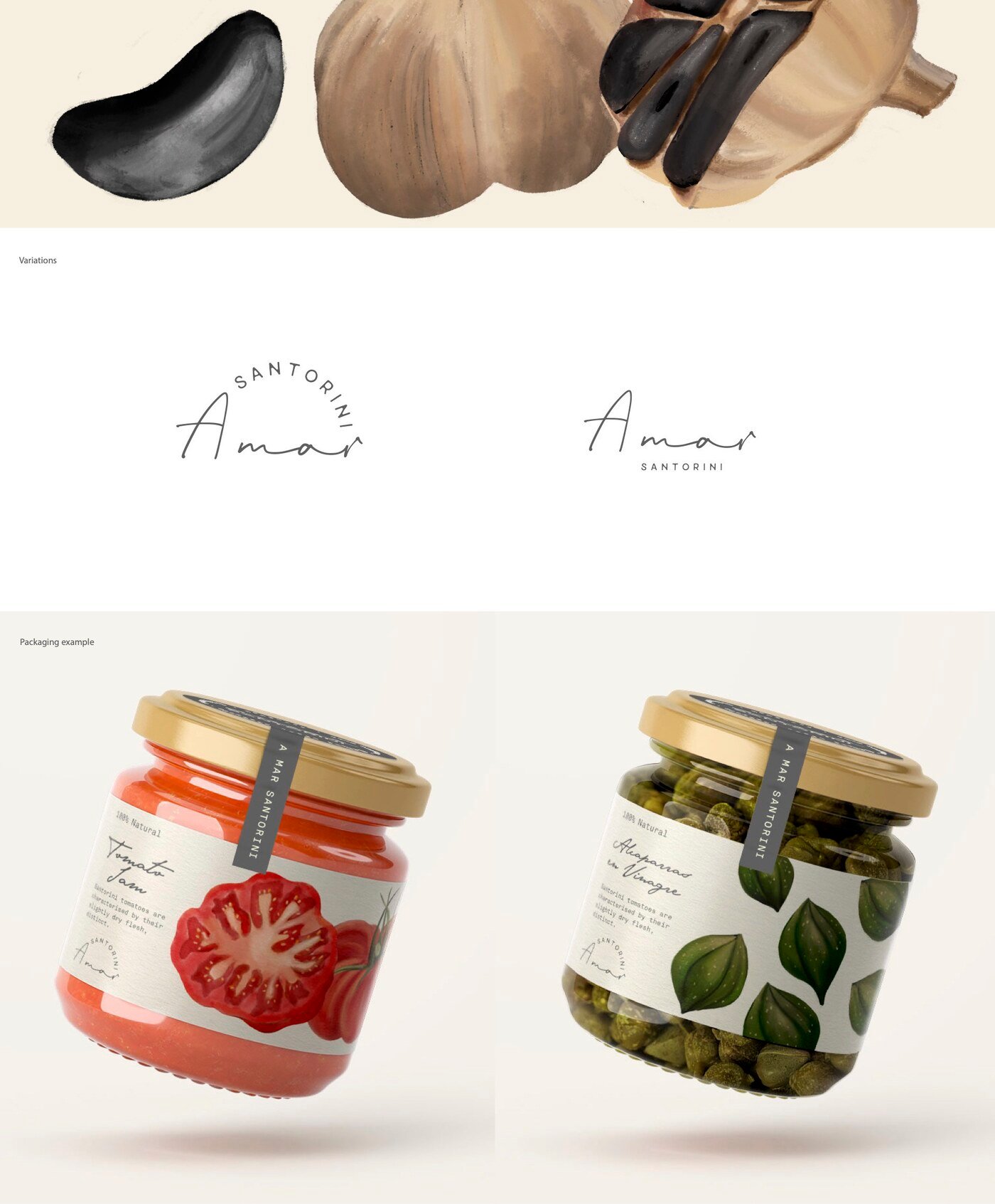 Identidad de marca y packaging de productos ecologicos griegos Amar Santorini por Eva Hilla Studio