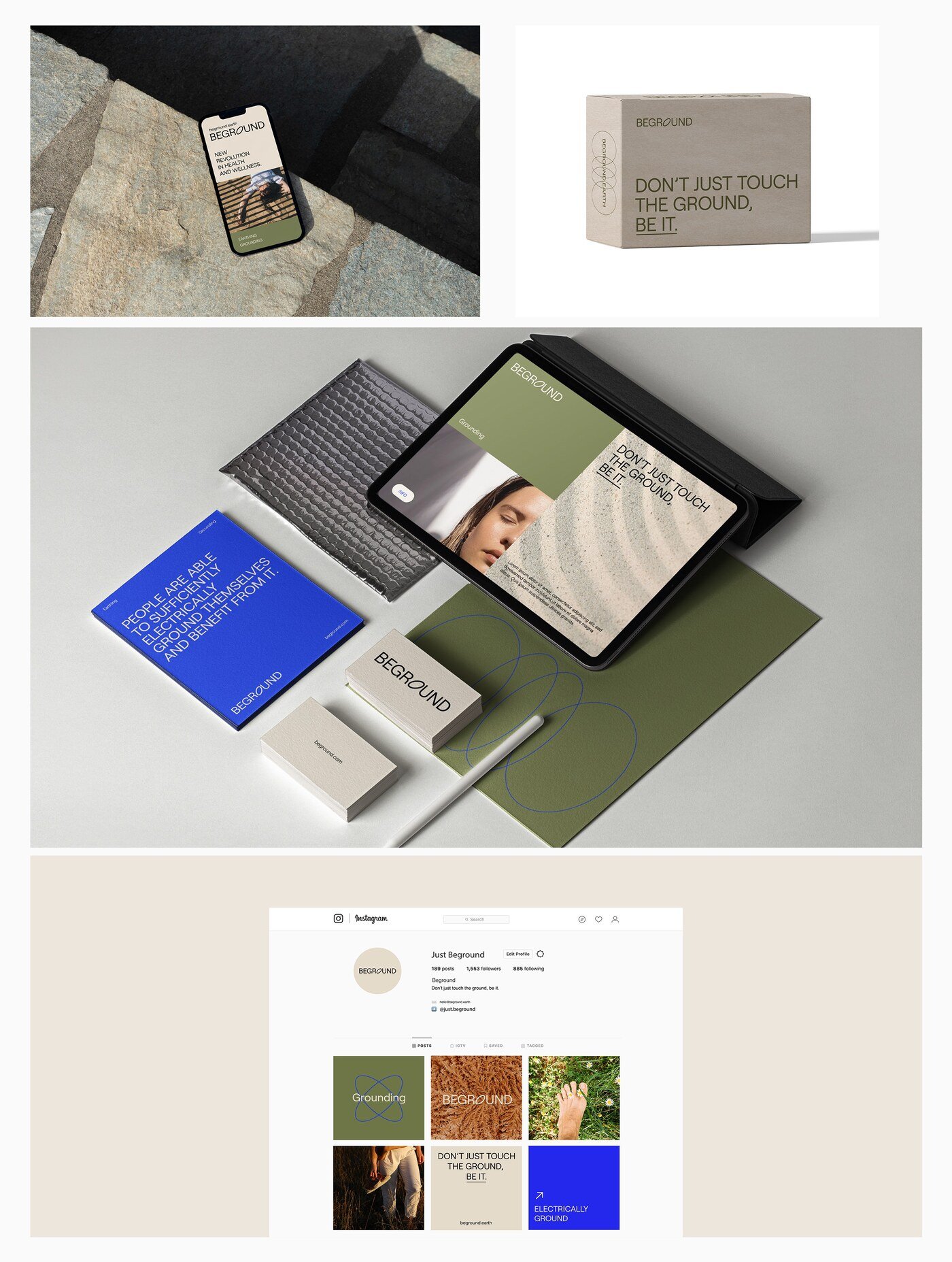 Naming identidad de marca packaging y diseno web de los productos de earthing Beground por Eva Hilla Studio