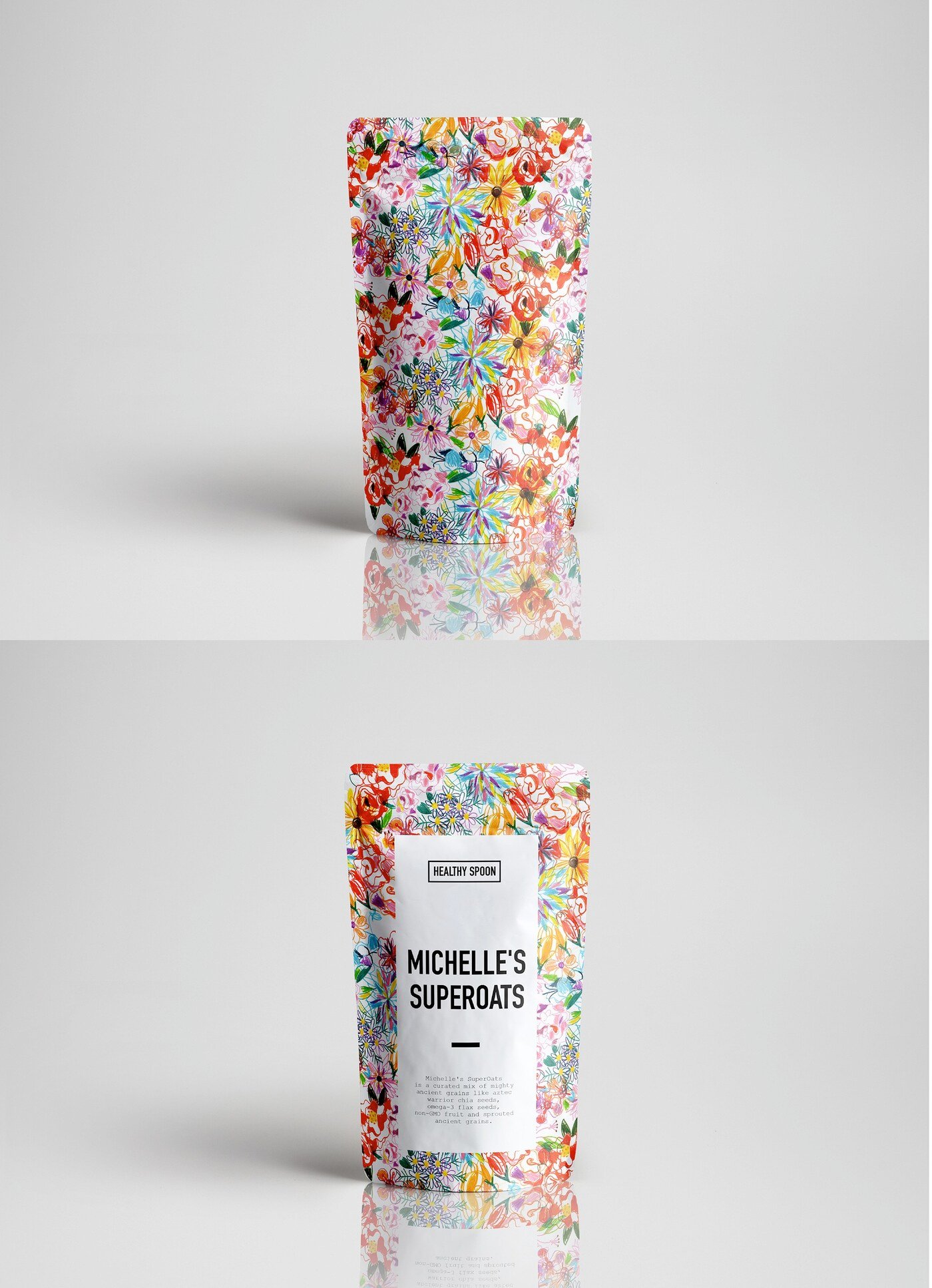 Packaging de SuperOats de Healthy Spoon con estampado floral hecho a mano por Eva Hilla Studio