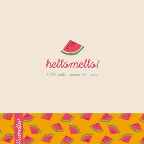 Hellomello watermelon water branding with hand-drawn illustration by Eva Hilla Studio