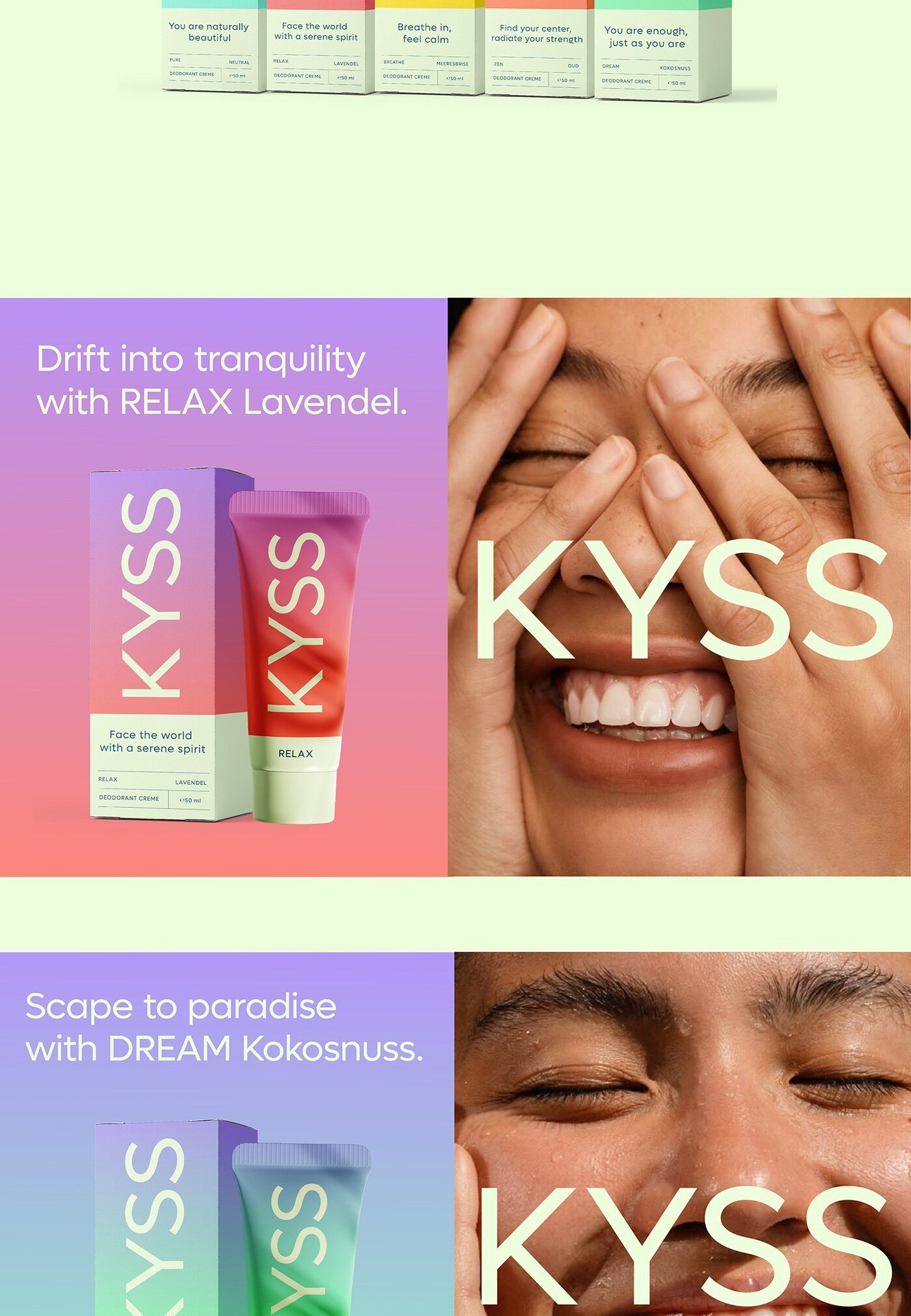Identidad y packaging del desodorante natural KYSS por Eva Hilla Studio