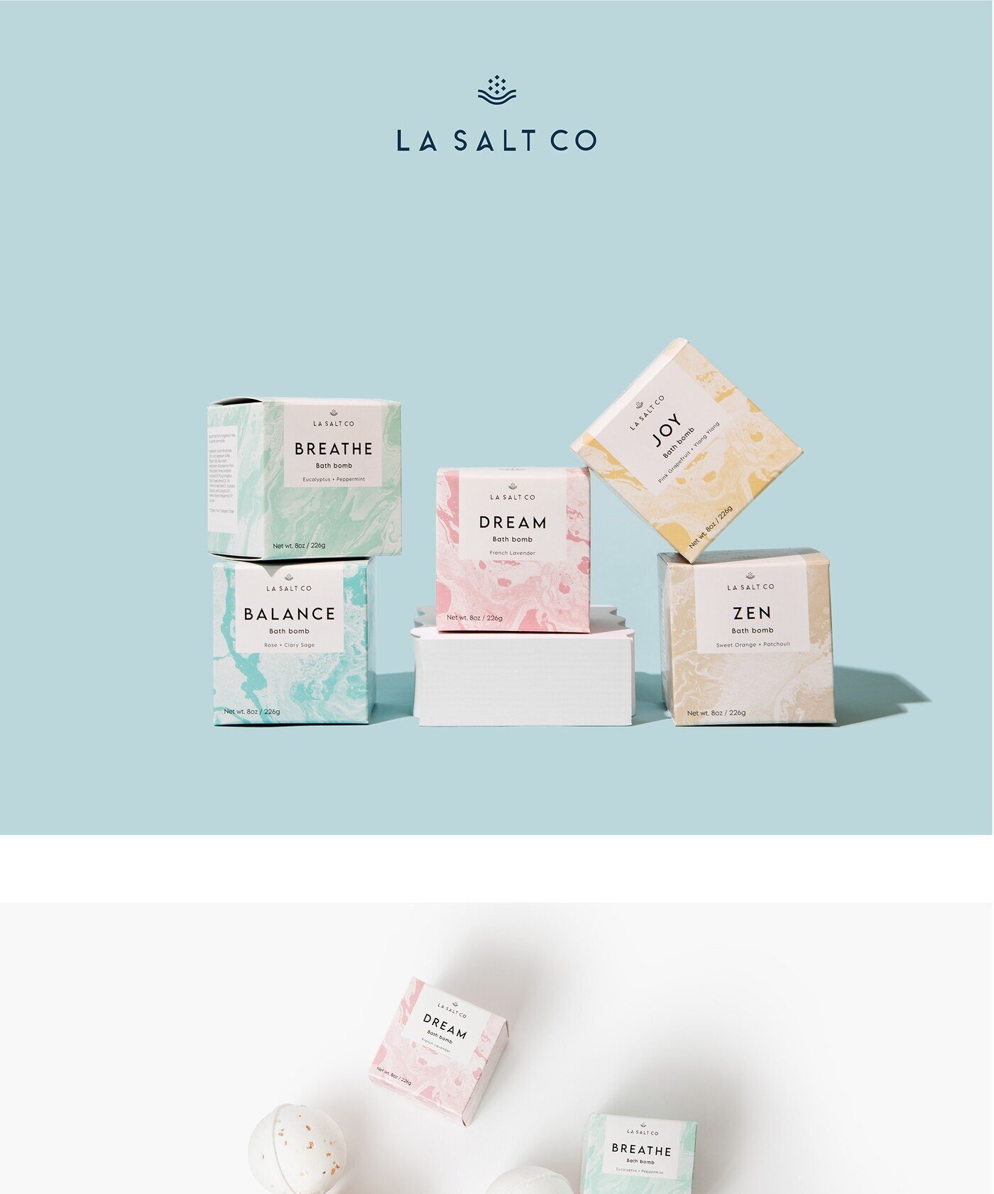 La Salt Co. mineral bath and skincare packaging collection by Eva Hilla Studio