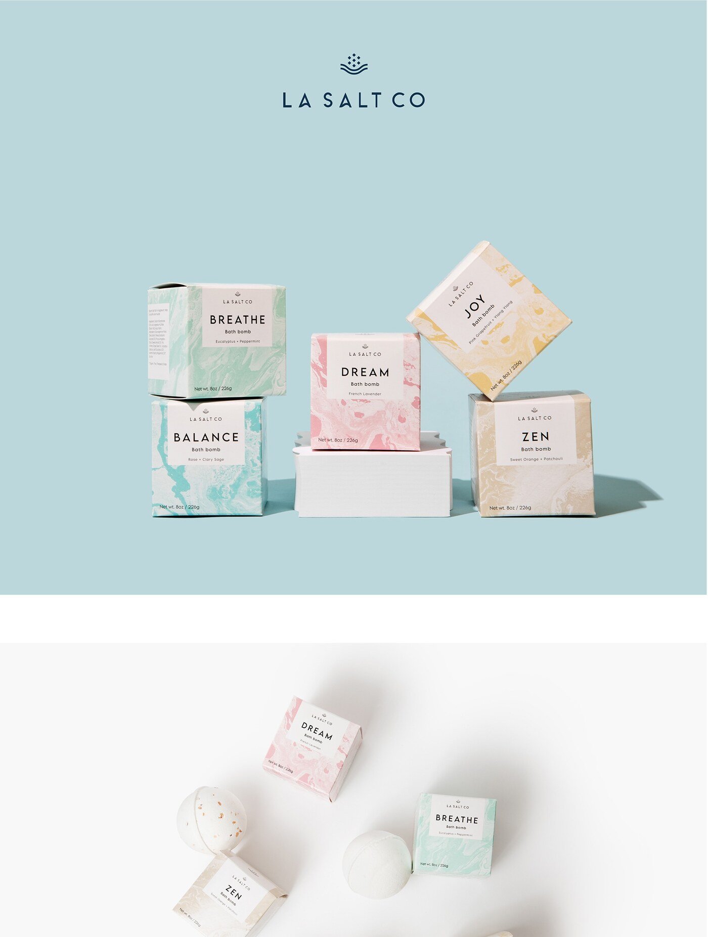 Coleccion de packaging de productos minerales de bano y cuidado corporal La Salt Co. por Eva Hilla Studio