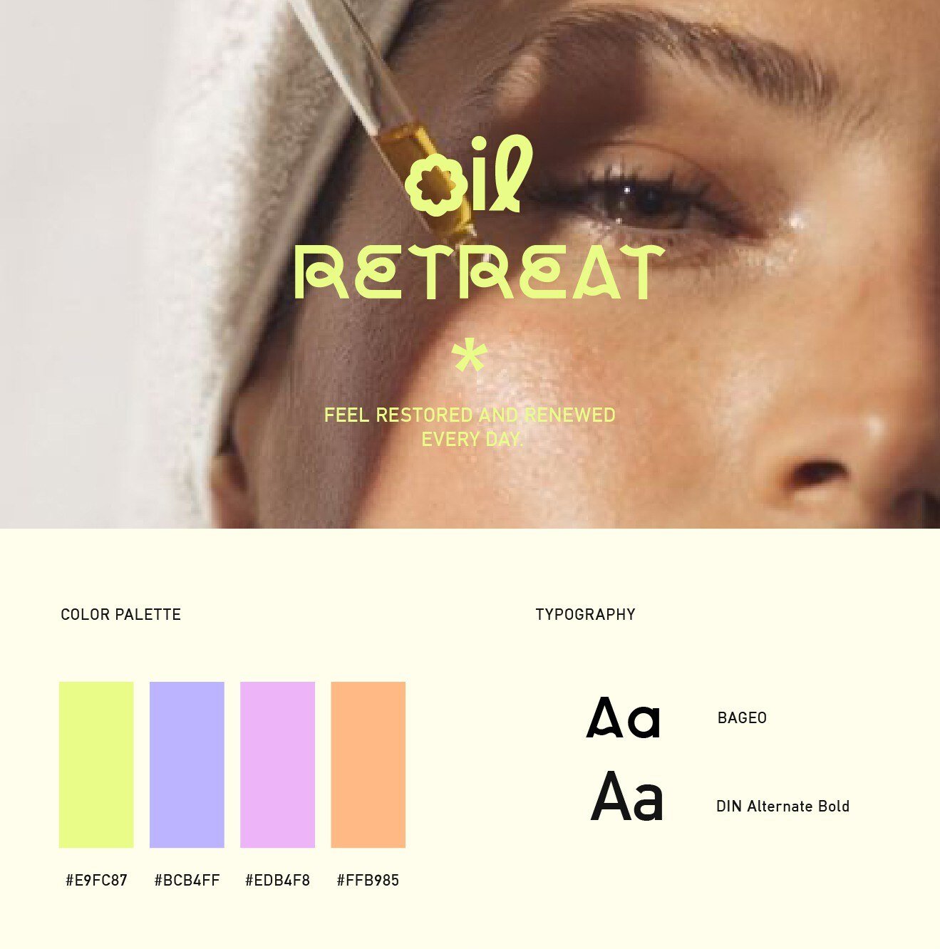 Identidad colorida y moderna de la marca de aceites cosmeticos ecologicos Oil Retreat por Eva Hilla Studio