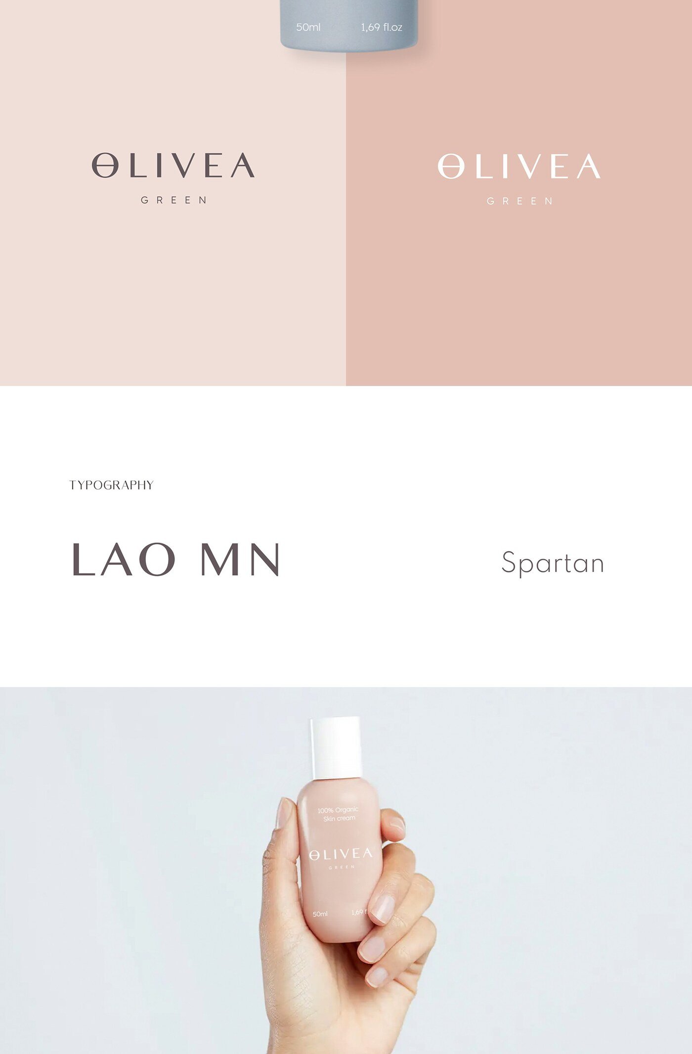 Identidad de marca y packaging de cosmetica sostenible Olivea Green por Eva Hilla Studio