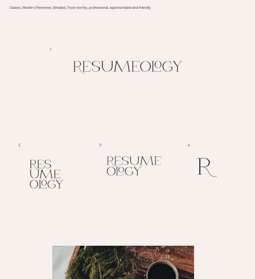 Identidad de marca de servicios profesionales Resumeology con tipografia serif humanista por Eva Hilla Studio