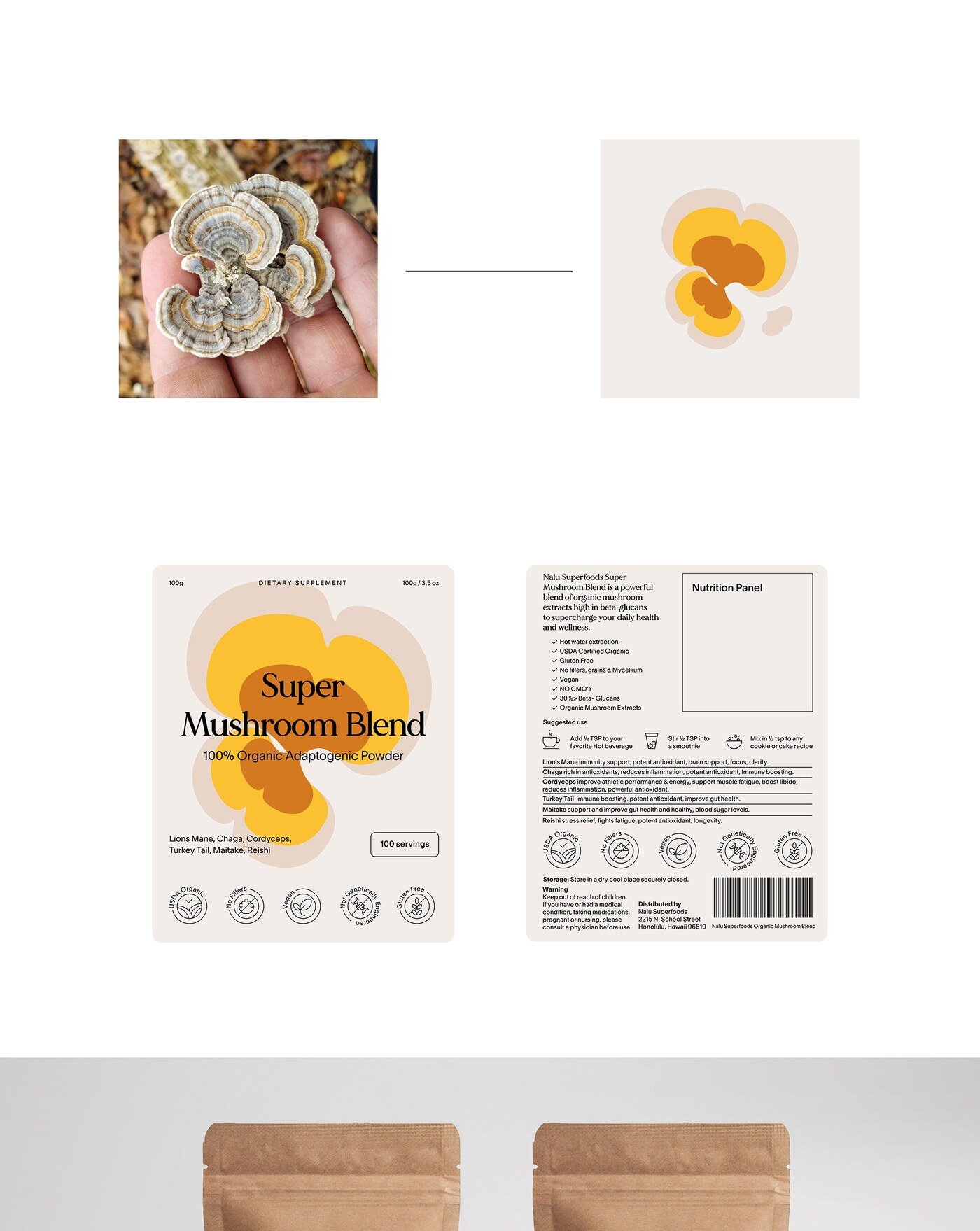 Diseno de etiqueta del suplemento Super Mushroom Blend por Eva Hilla Studio