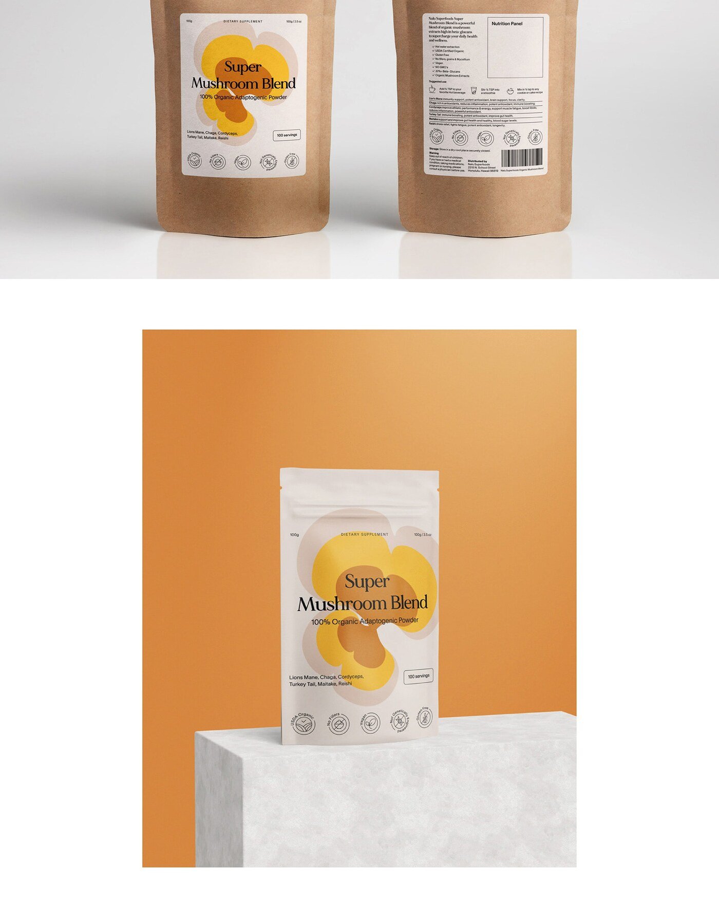 Diseno de etiqueta del suplemento Super Mushroom Blend por Eva Hilla Studio